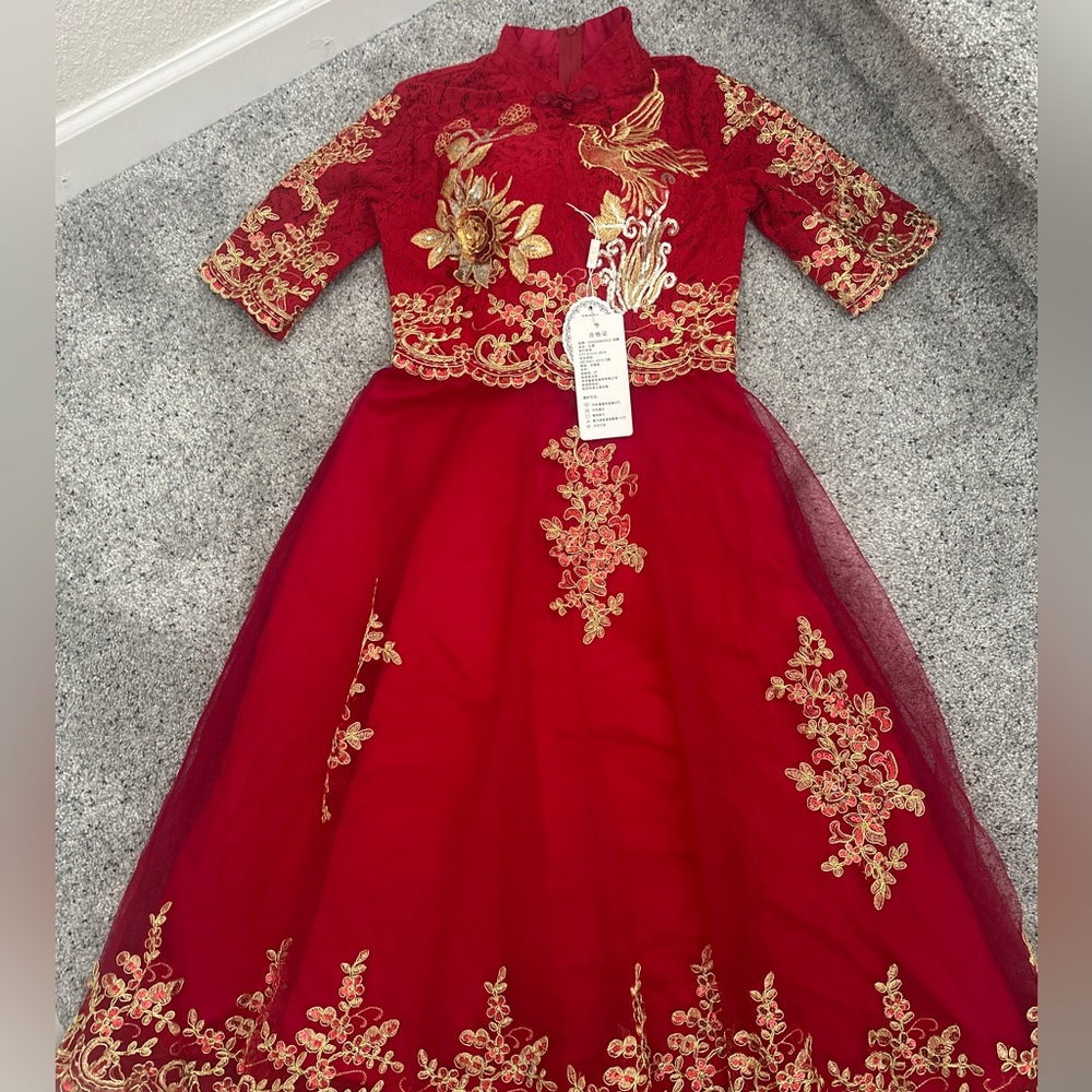 Elegant Red Dress with Gold Embroidery